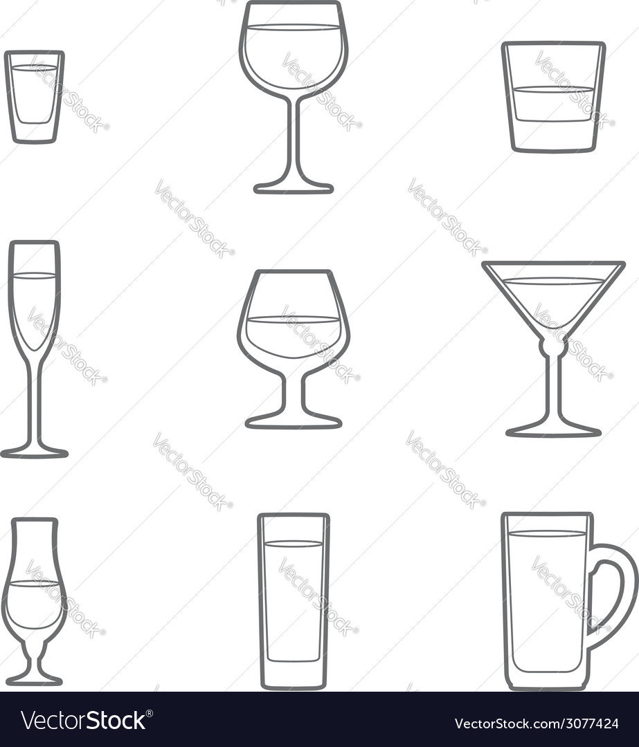 Outline alcohol glasses icon set