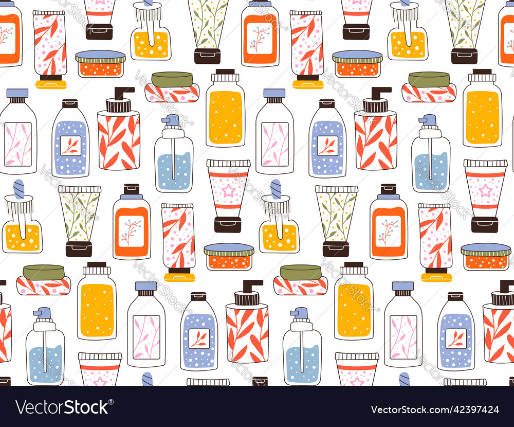 Seamless repeating pattern with cosmetics a set vector image Seamless repeating pattern with cosmetics a set