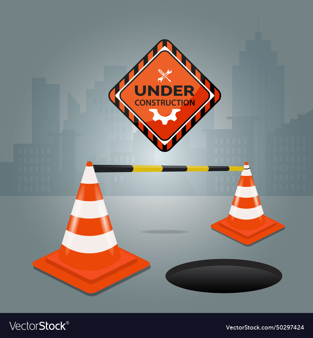 Warning under construction sign with traffic cone Vector Image