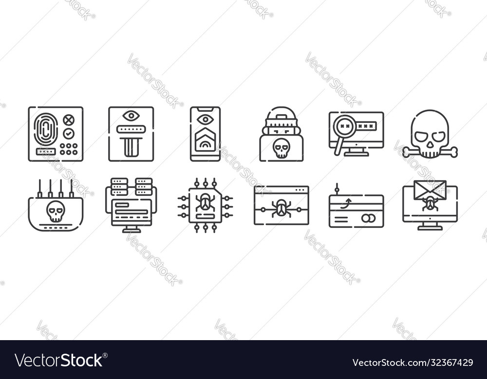 12 set linear hacker icons thin outline vector image 12 set linear hacker icons thin outline
