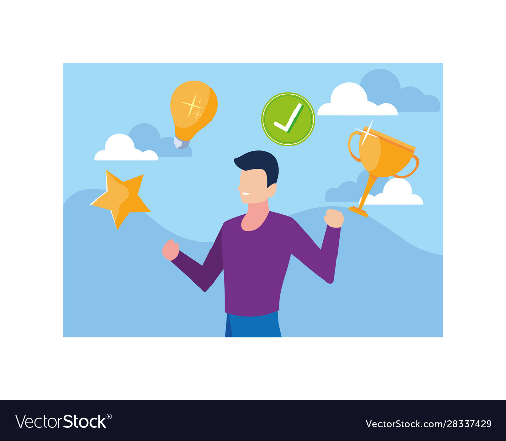 Man with set icons goals way to success