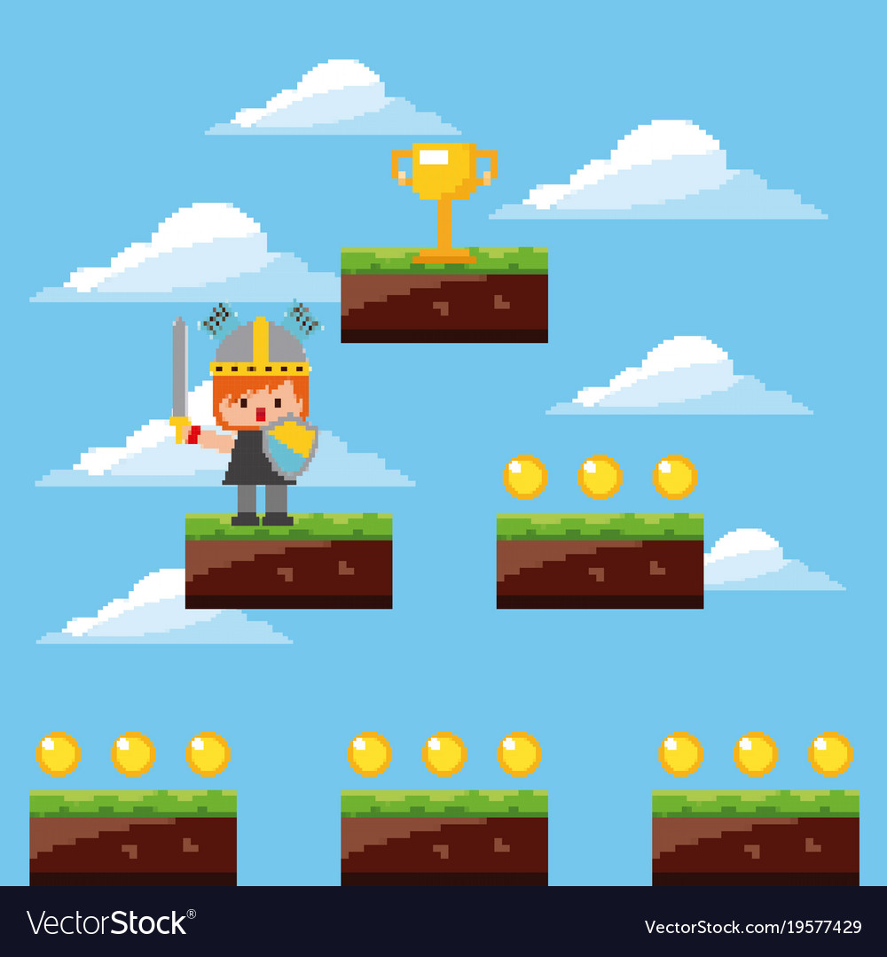 Pixel game knight trophy levels sky clouds