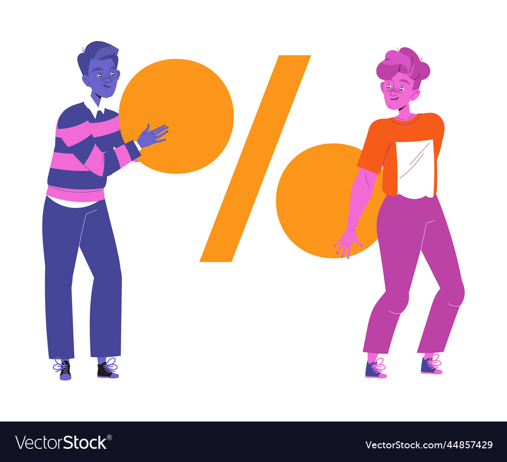 Young man characters holding percentage sign