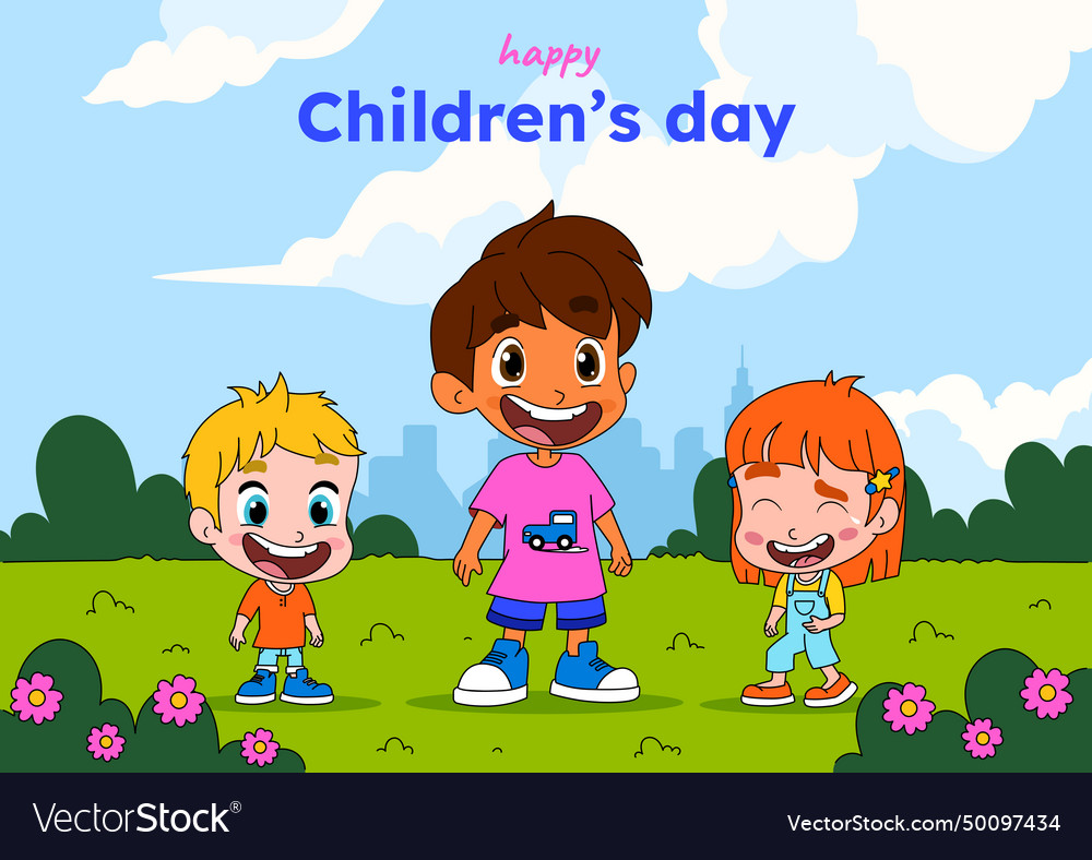 Joyful children day greeting card with three kids vector image Joyful children day greeting card with three kids
