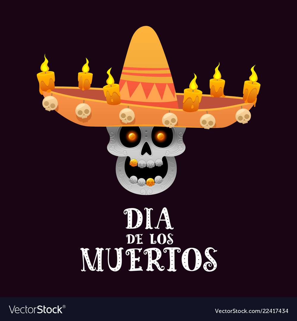 Mexican skull with sombrero and candles on a dark