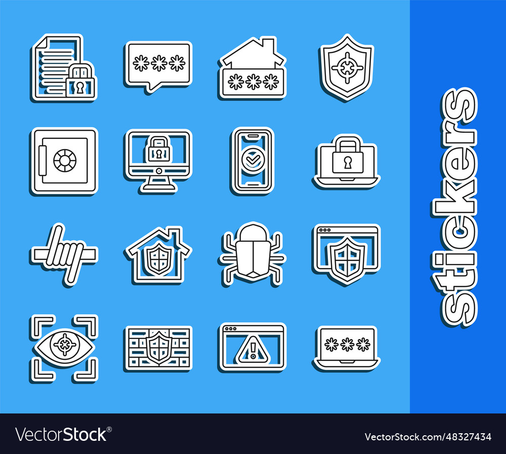 Set line laptop with password browser shield vector image Set line laptop with password browser shield