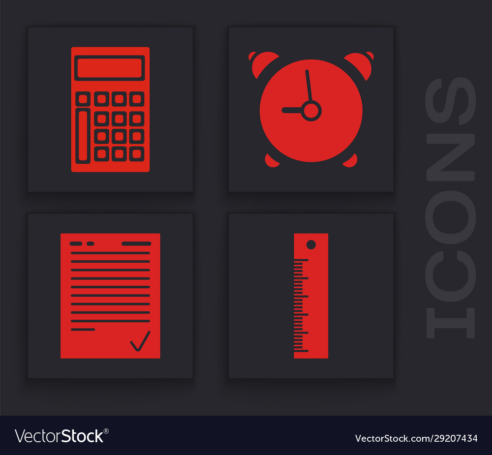 Set ruler calculator alarm clock and exam sheet vector image Set ruler calculator alarm clock and exam sheet