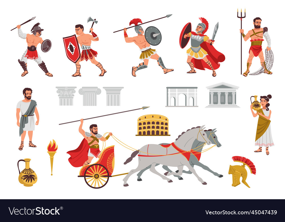 Ancient rome objects and warriors cartoon Vector Image