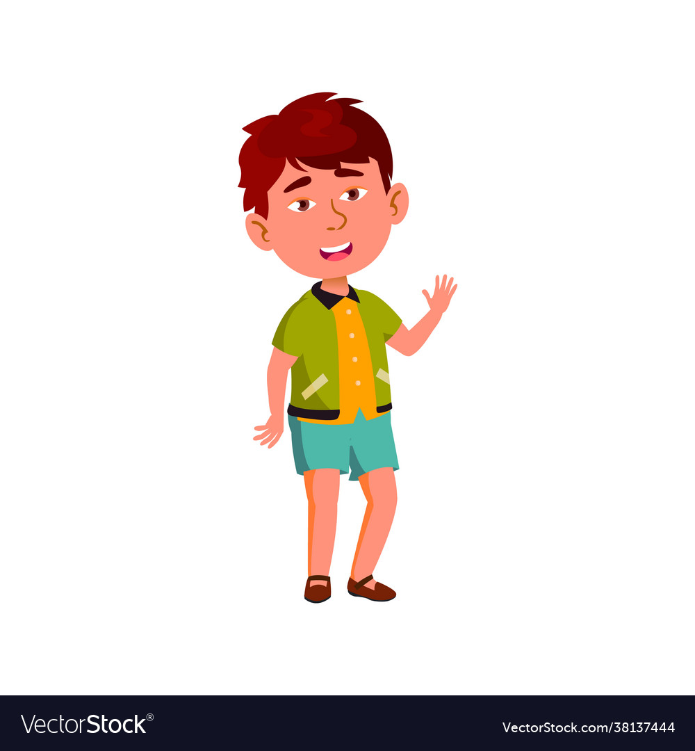 Cheerful Boy Say Hello Teacher Cartoon Royalty Free Vector