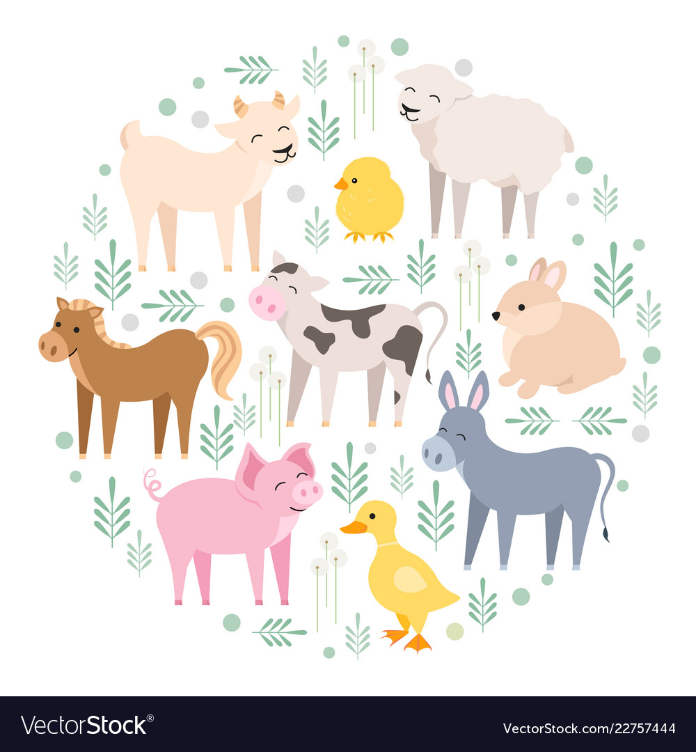 Cute farm animals cow pig lamb donkey bunny