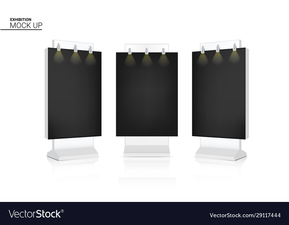 Mock up realistic roll banner kiosk display 3d vector image Mock up realistic roll banner kiosk display 3d