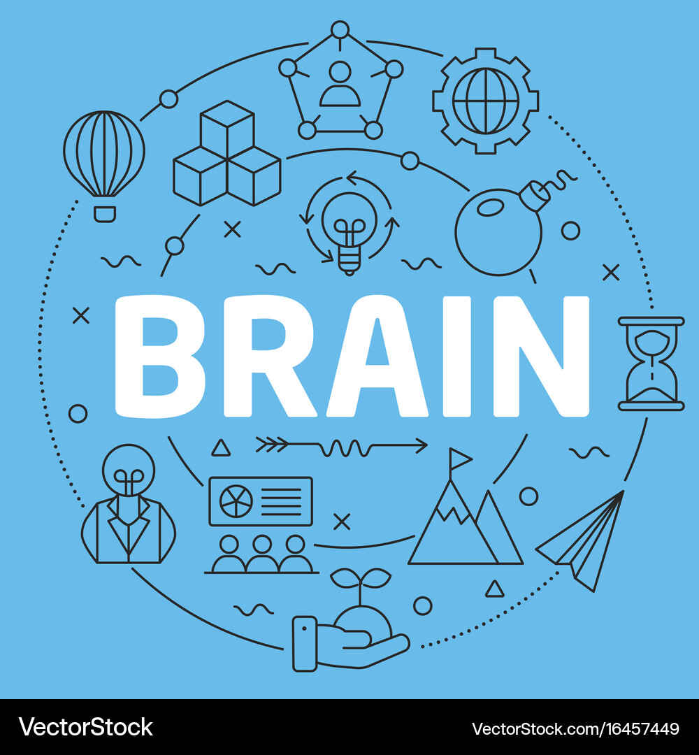 Blue line flat circle brain Royalty Free Vector Image