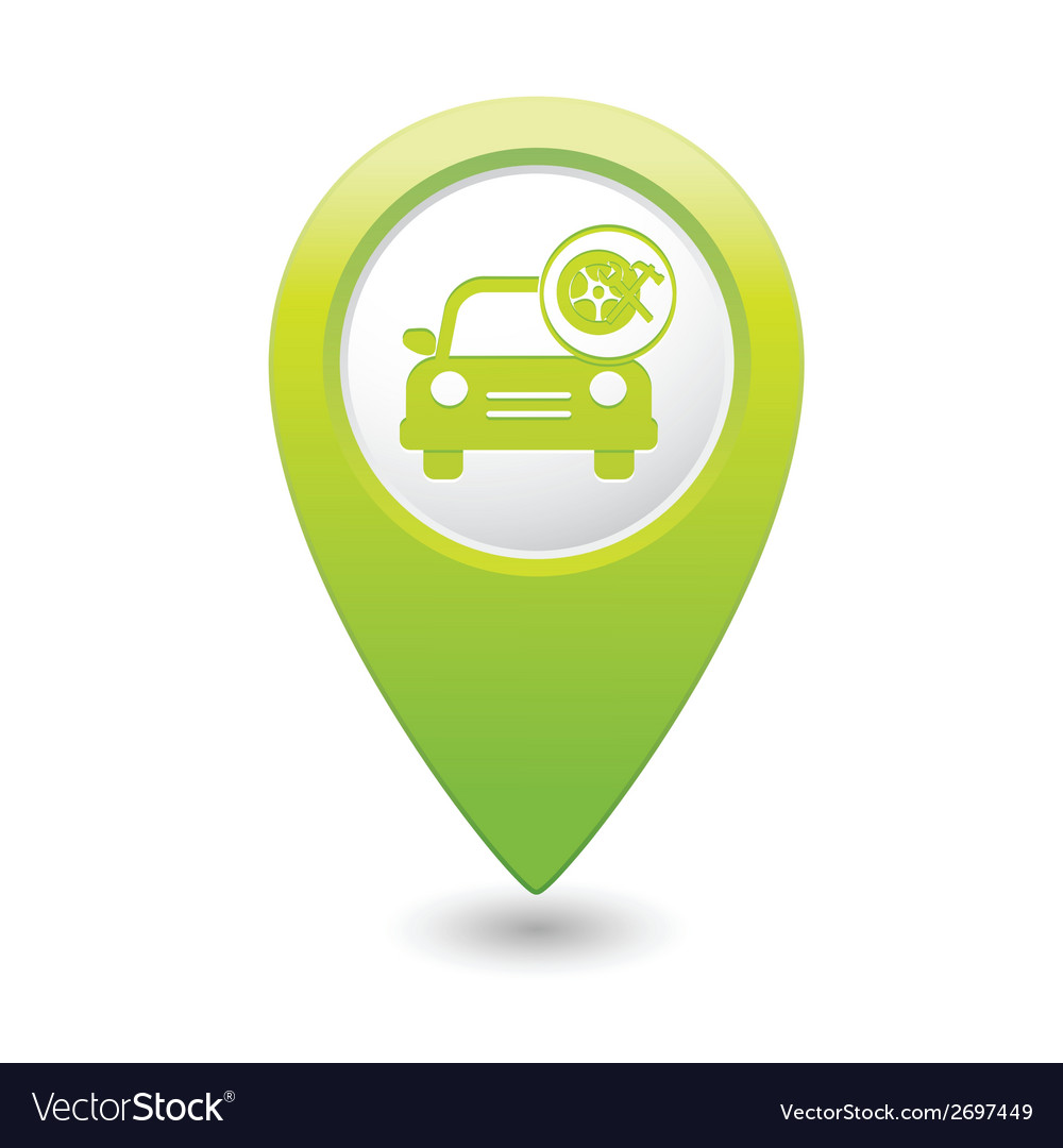 Car with wheel and tools icon map pointer green