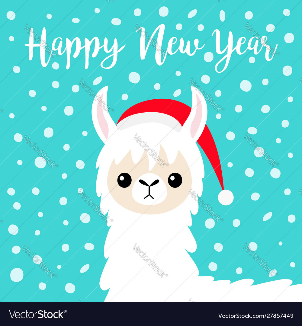 Happy new year llama alpaca baby face santa hat