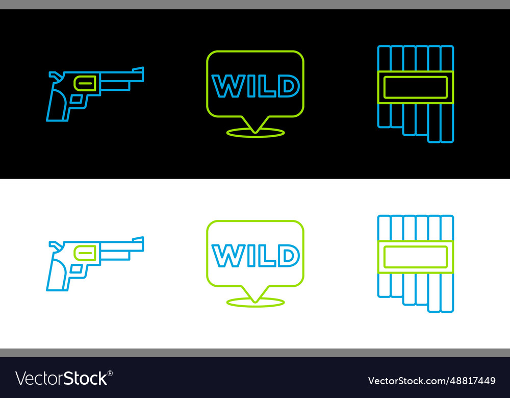 Set line pan flute revolver gun and pointer vector image Set line pan flute revolver gun and pointer