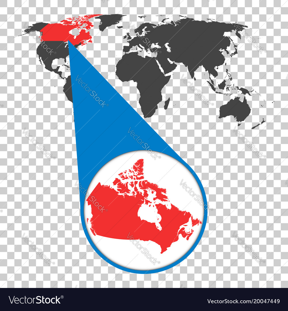 World map with zoom on canada in loupe