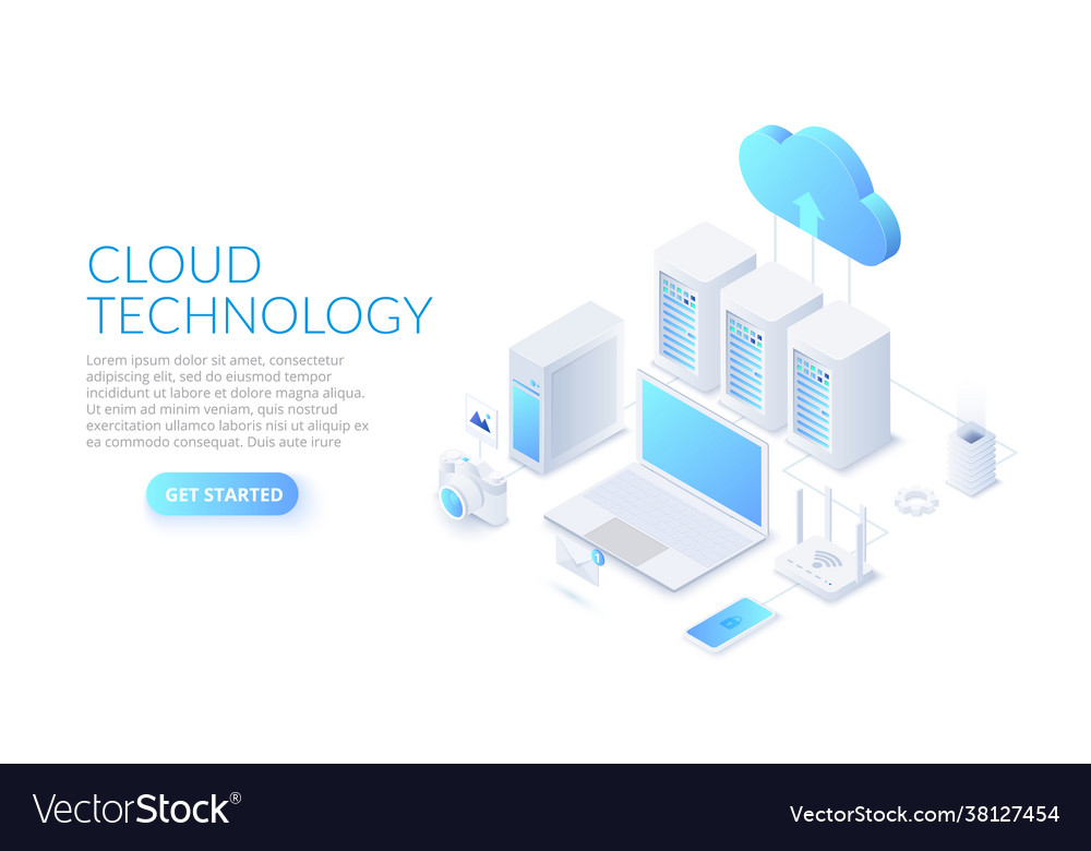 Isometric cloud technology with datacenter laptop Vector Image