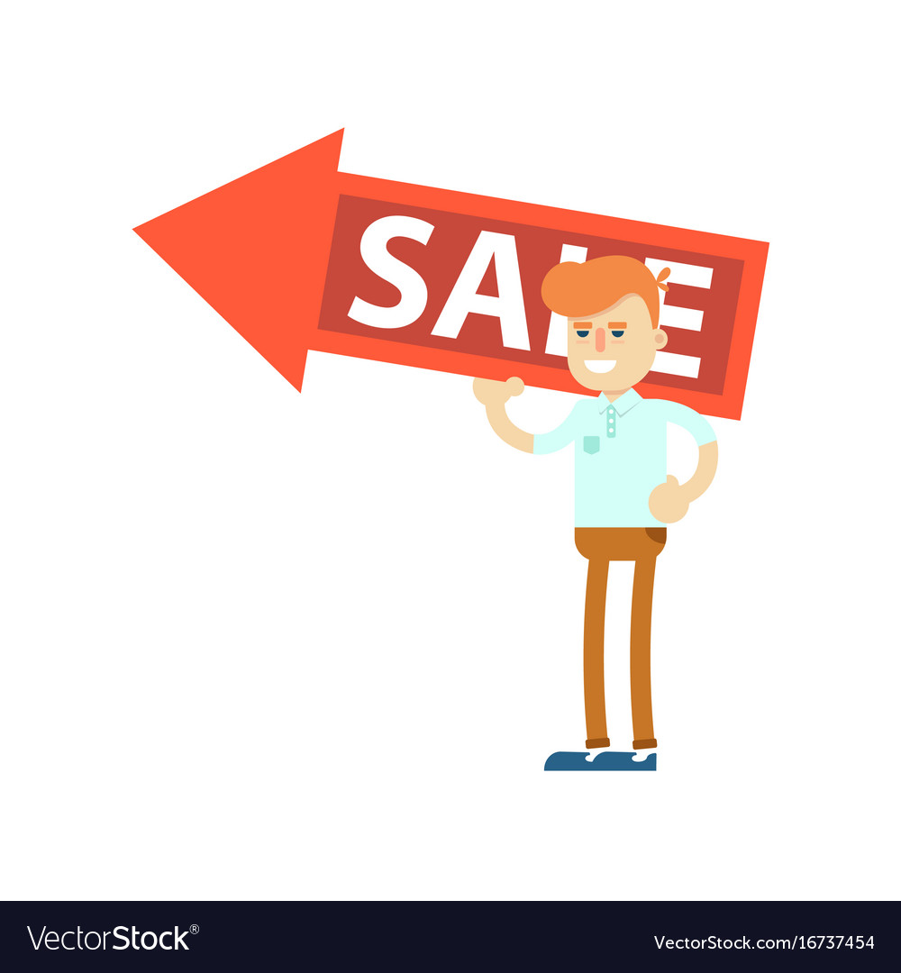 Seller man with big sale sign Royalty Free Vector Image