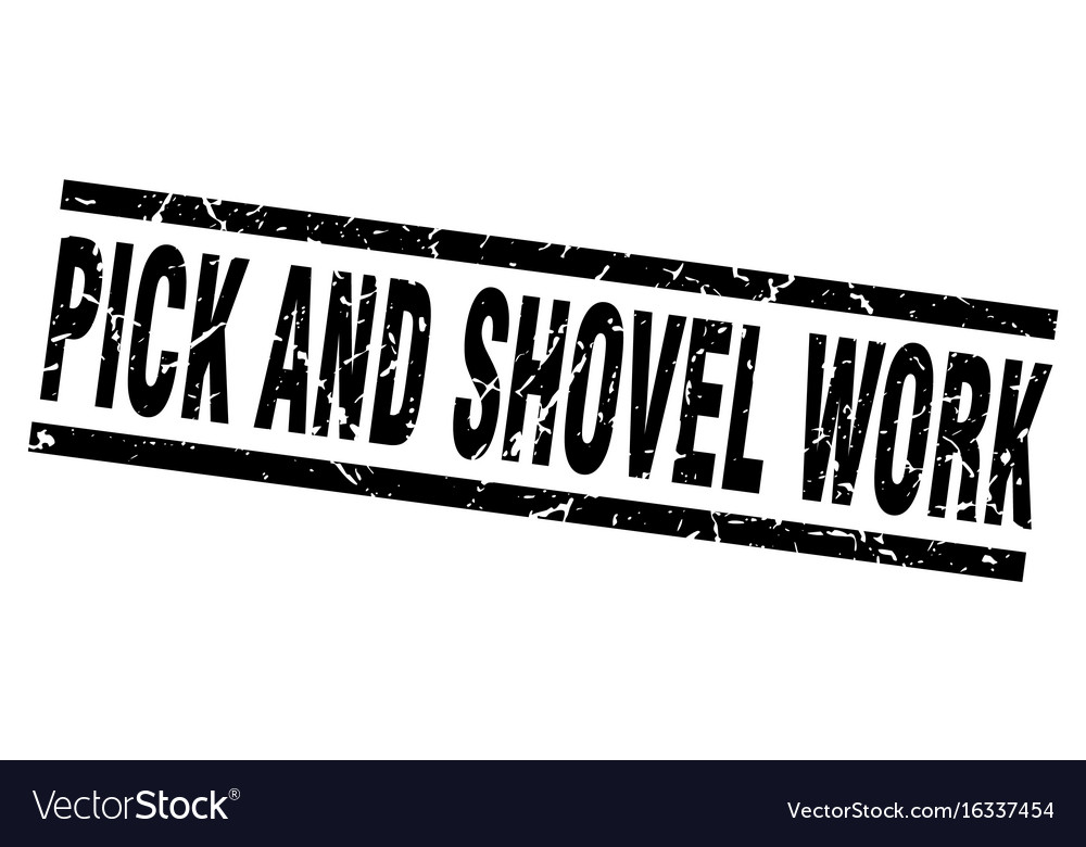 Square grunge black pick and shovel work stamp