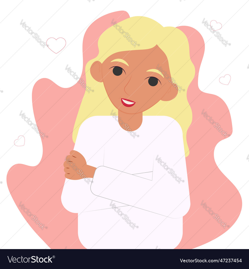 Young woman smiles and hugs herself Royalty Free Vector