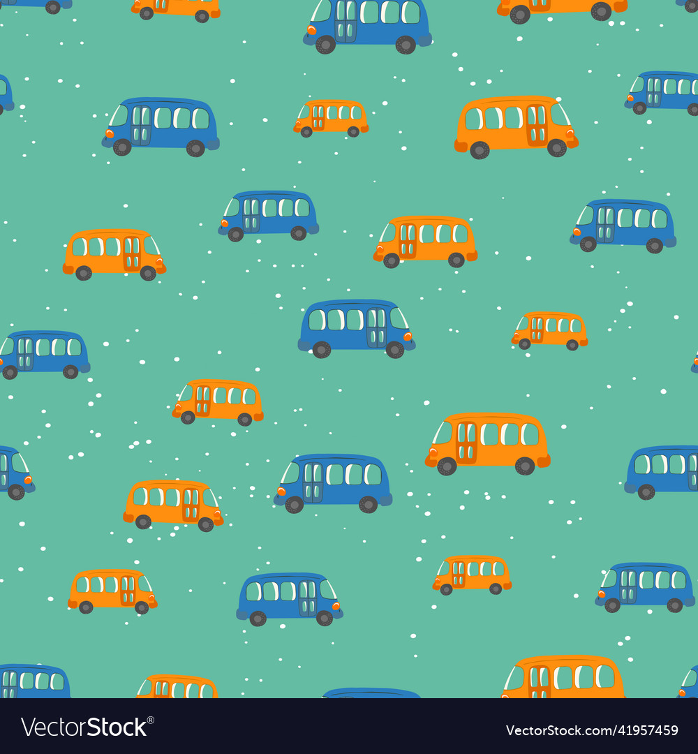 Seamless pattern with cute bus car on color vector image Seamless pattern with cute bus car on color