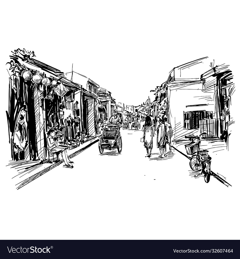 Drawing old city hoi an in vietnam Royalty Free Vector Image