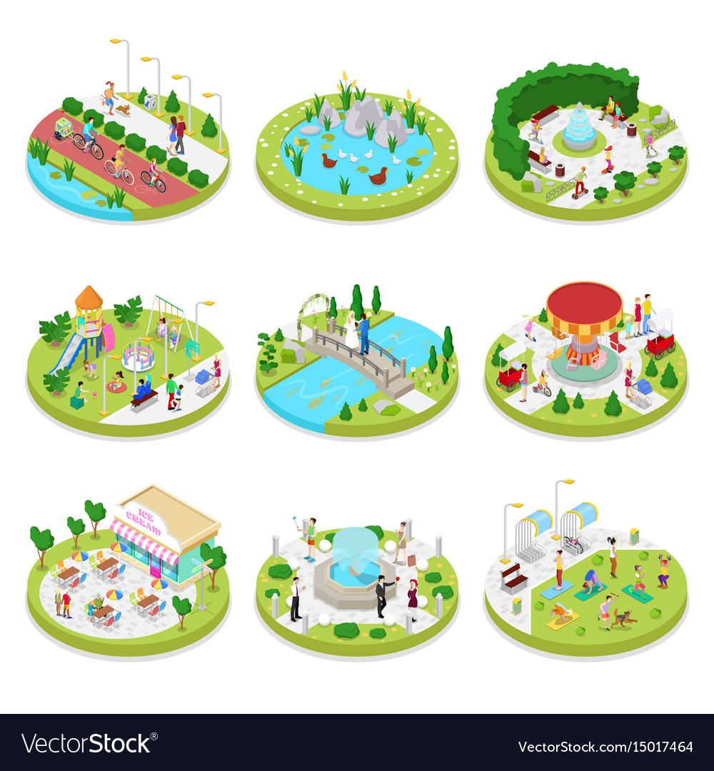 Isometric city park with walking people