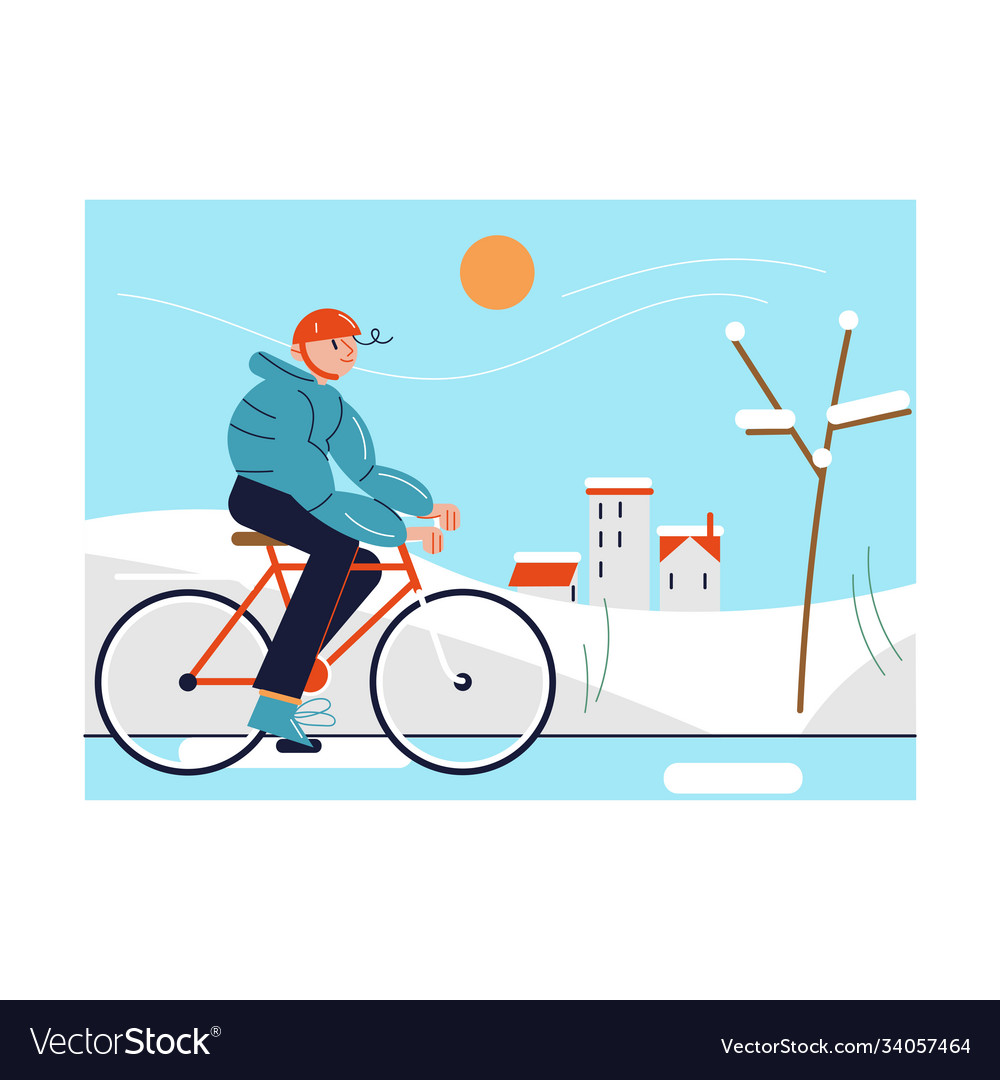 Man in helmet riding bicycle winter on cold