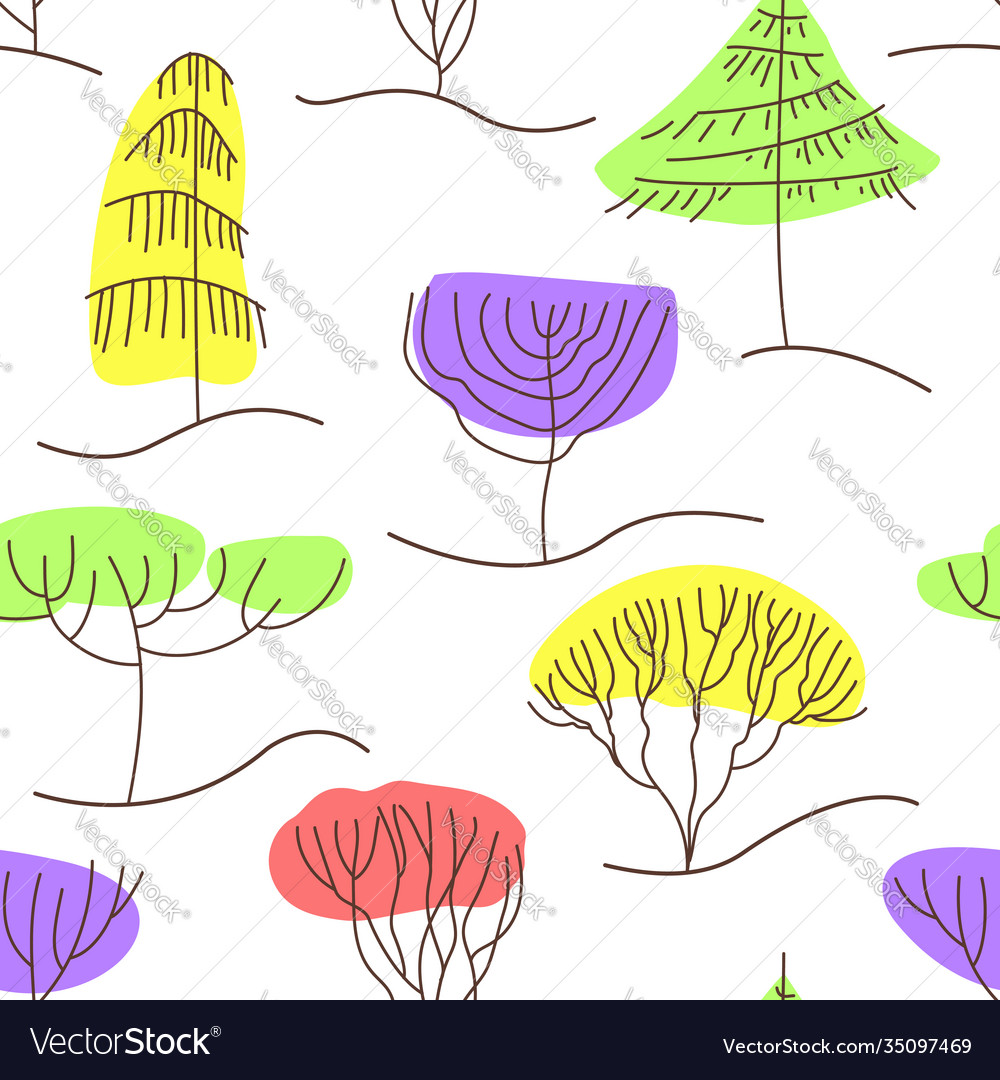 Seamless pattern with trees in line art style