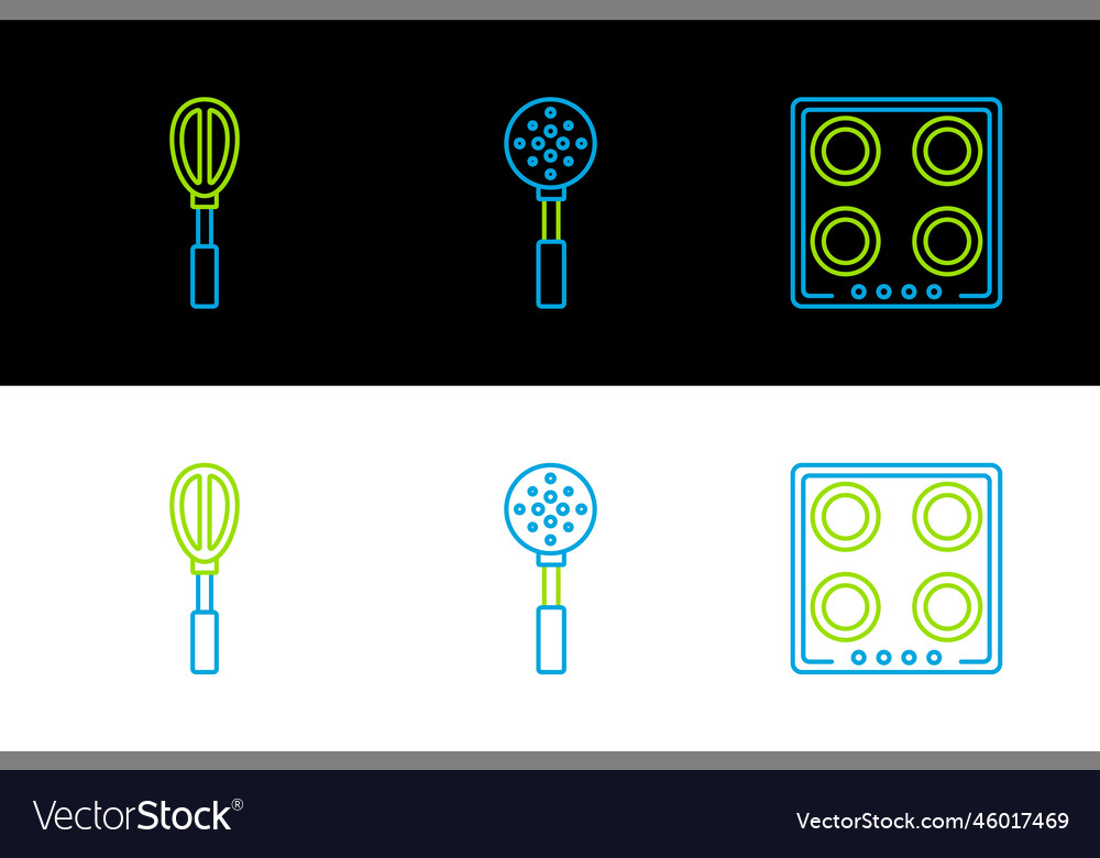 Set line gas stove kitchen whisk and spatula icon