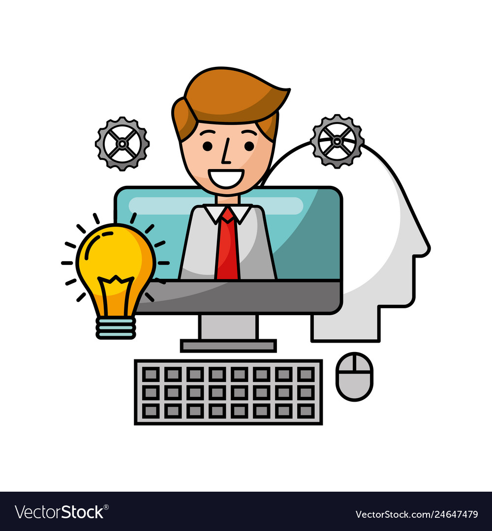Desktop computer with businessman and icons