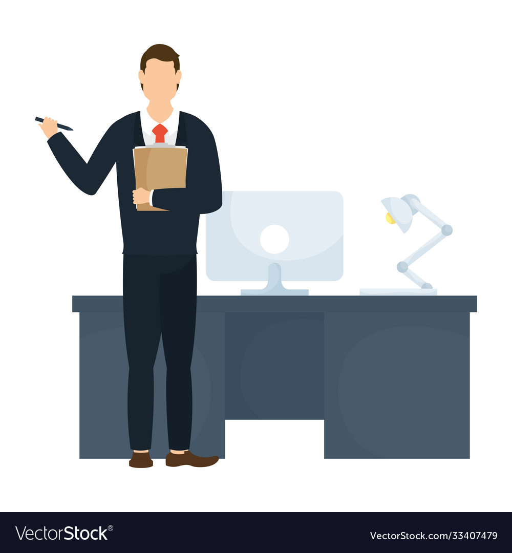 Elegant businessman worker with desk and desktop