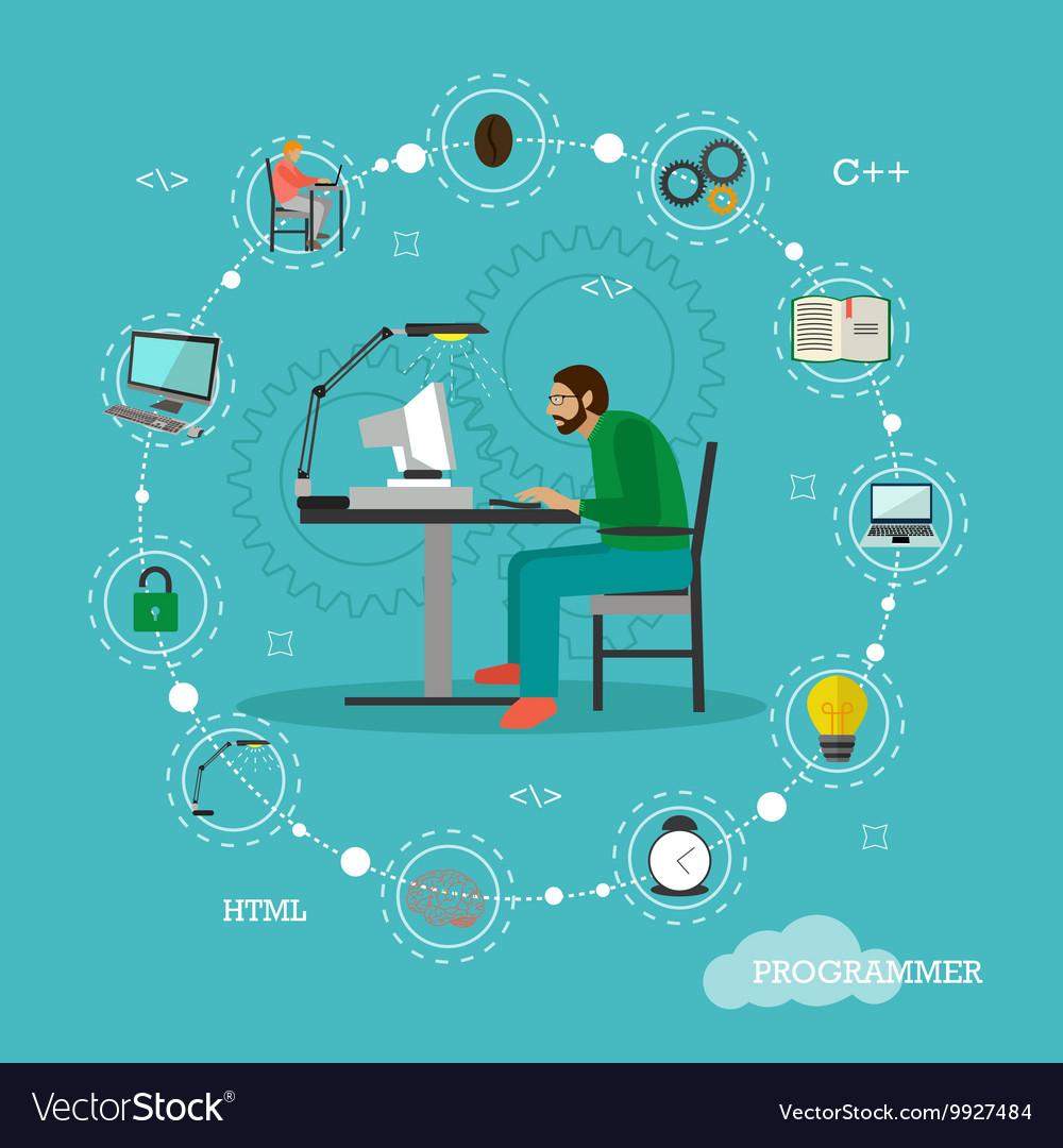 Programmer sit on a chair and working