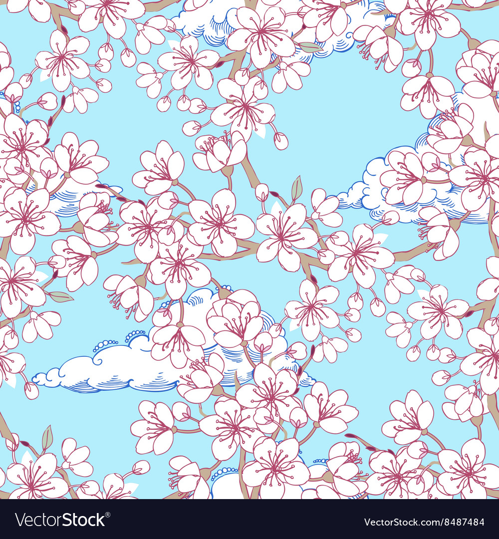 Seamless pattern with sakura and clouds