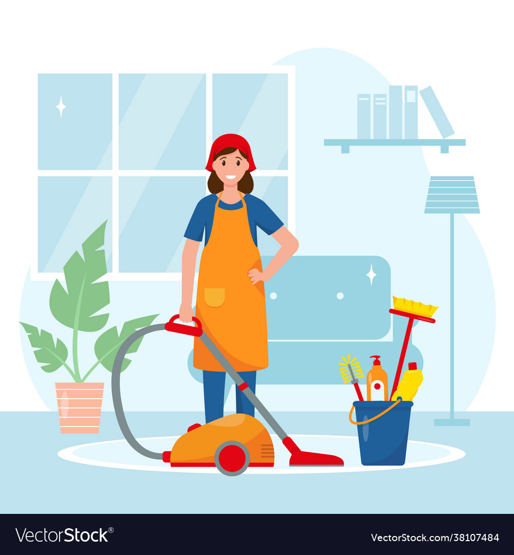Frau mit Staubsauger im Wohnzimmer vector image Frau mit Staubsauger im Wohnzimmer