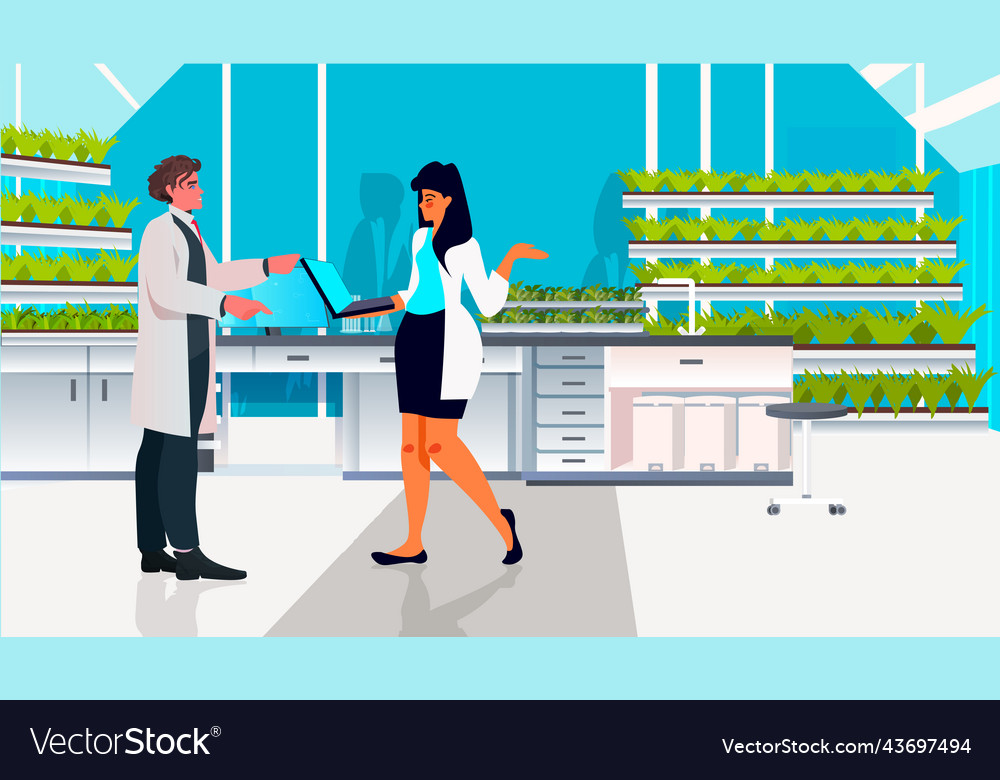 Scientists Team Examining Green Plants In Lab Vector Image Scientists Team Examining Green Plants In Lab Vector Image