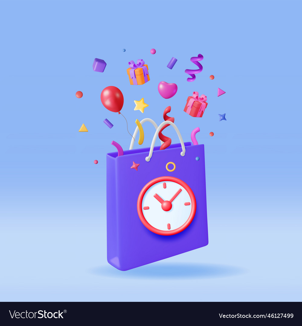 3d shopping bag with clocks and confetti