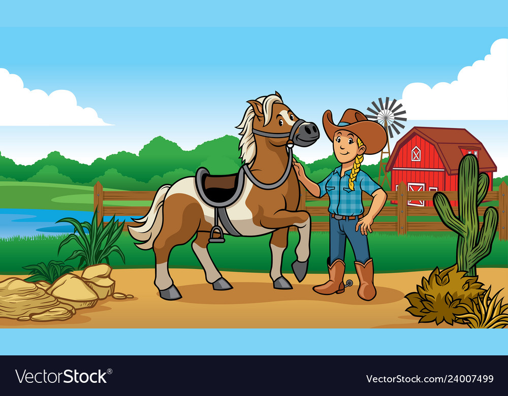 Cowgirl and horse in the farm Royalty Free Vector Image