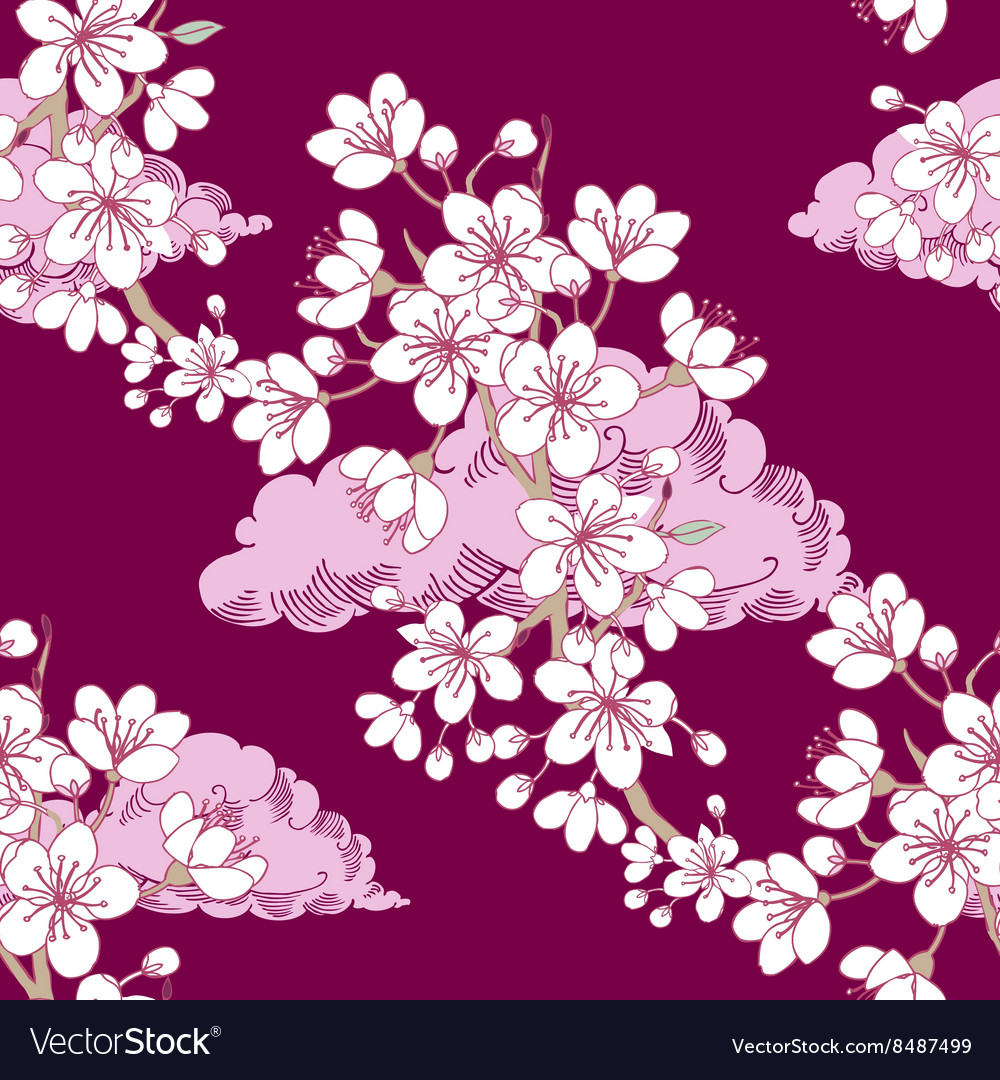 Seamless pattern with sakura and clouds