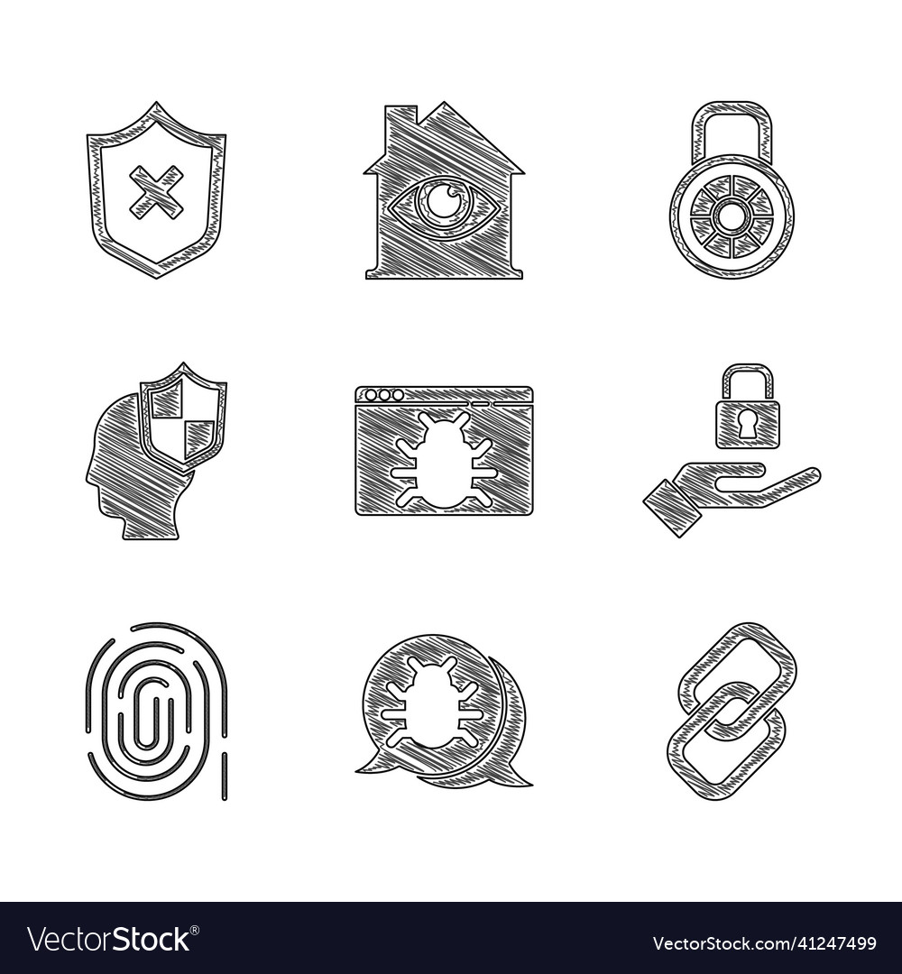Set system bug chain link lock hand fingerprint Vector Image Set system bug chain link lock hand fingerprint