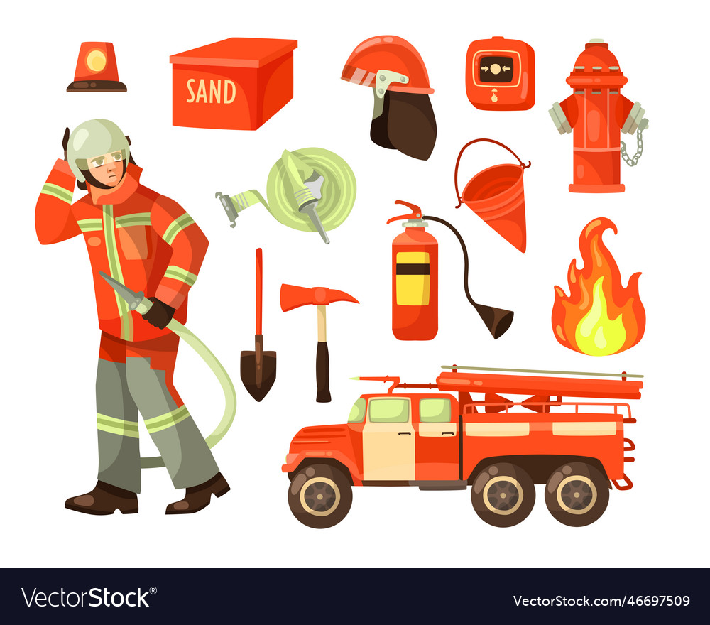 Firefighter and firefighting equipment cartoon Vector Image