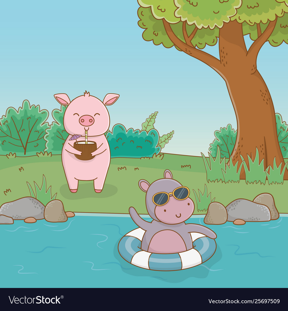 Hippo and pig in forest design Royalty Free Vector Image