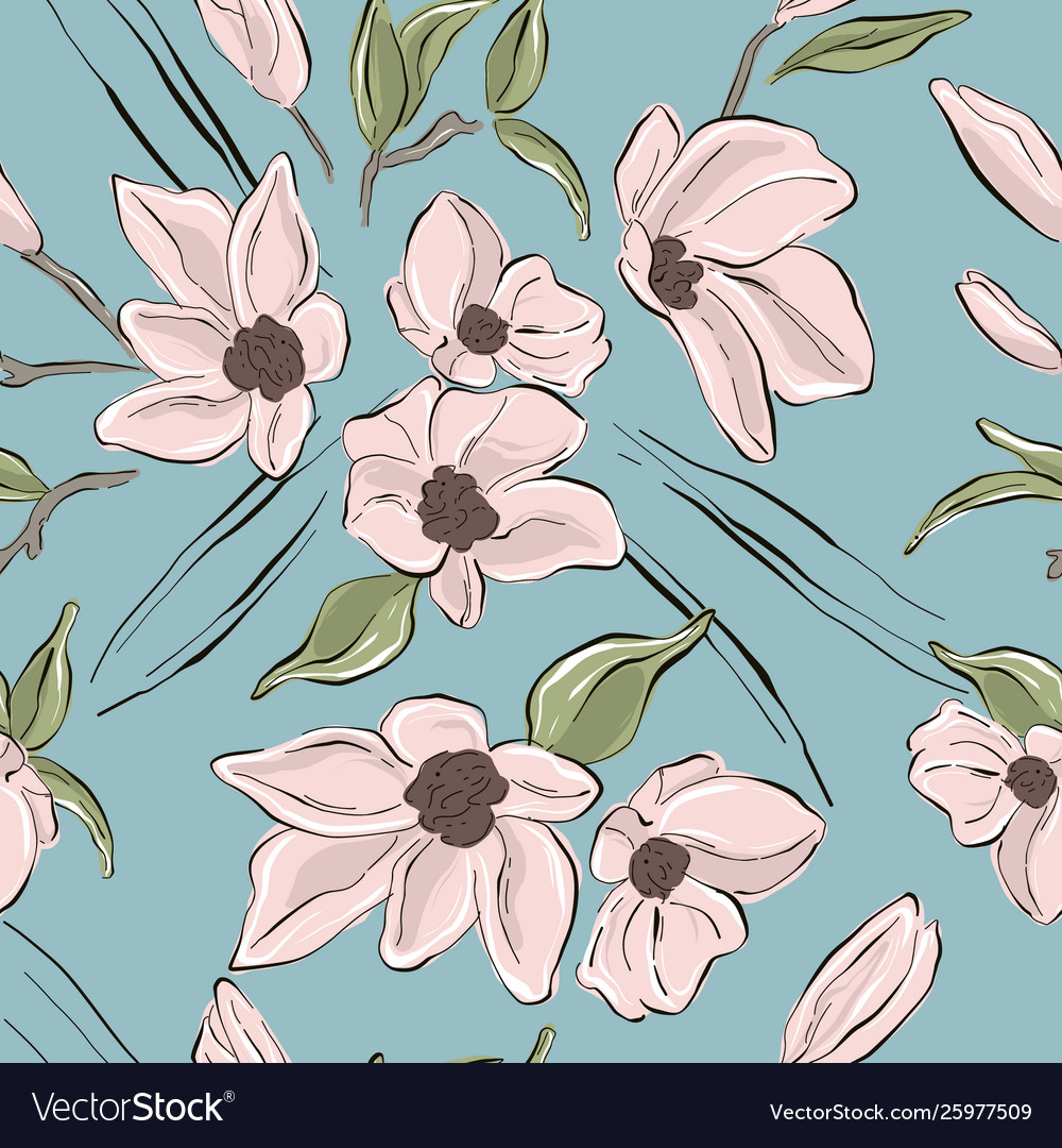 Tender Blush Flowers On Blue Background Pastel Vector Image