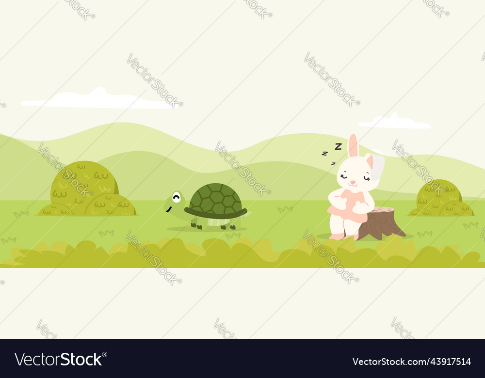 Rabbit is sleeping under the tree withturtle vector image Rabbit is sleeping under the tree withturtle