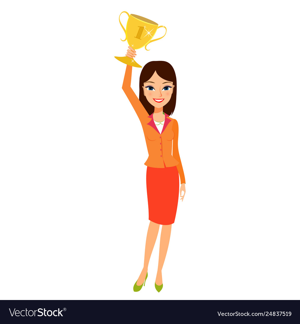 Business woman holding up a trophy cup and smiling