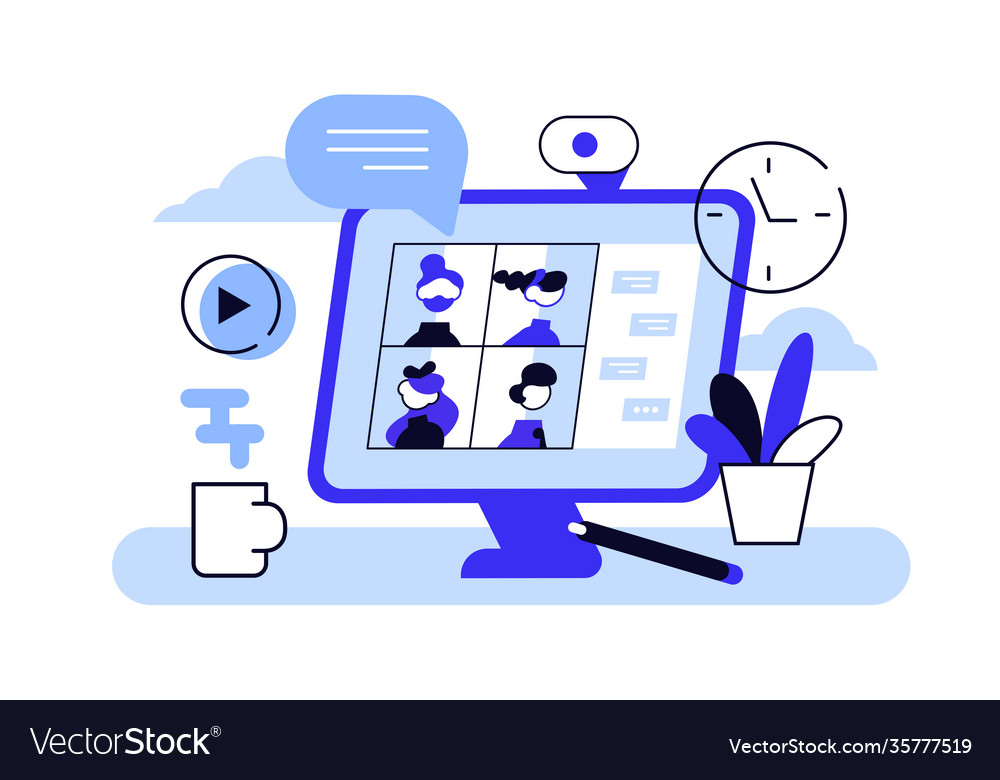 Desktop computer with group colleagues taking vector image Desktop computer with group colleagues taking
