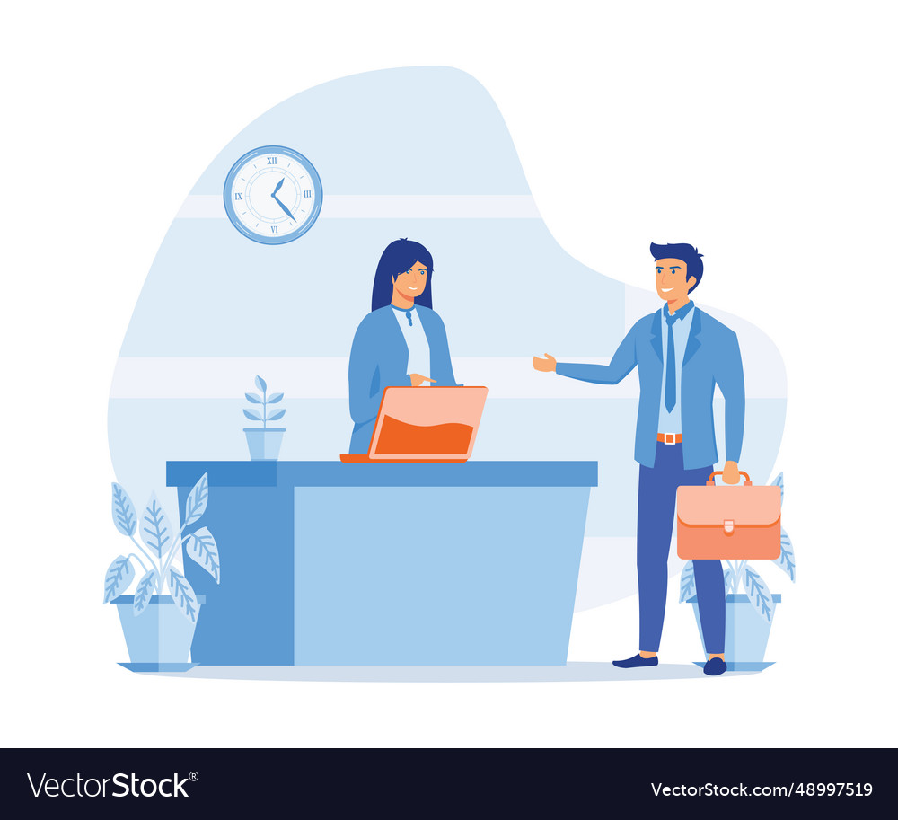 Hotel receptionist customer standing at reception Vector Image