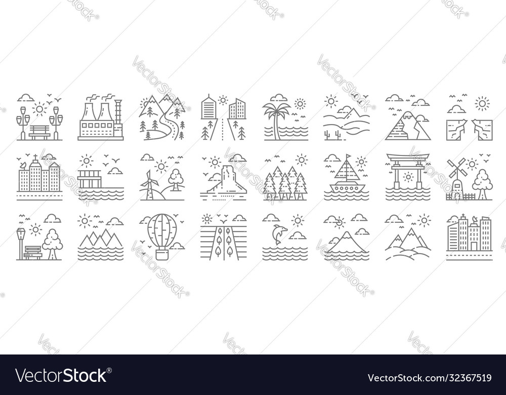 Nature and landscape line icons linear set vector image Nature and landscape line icons linear set