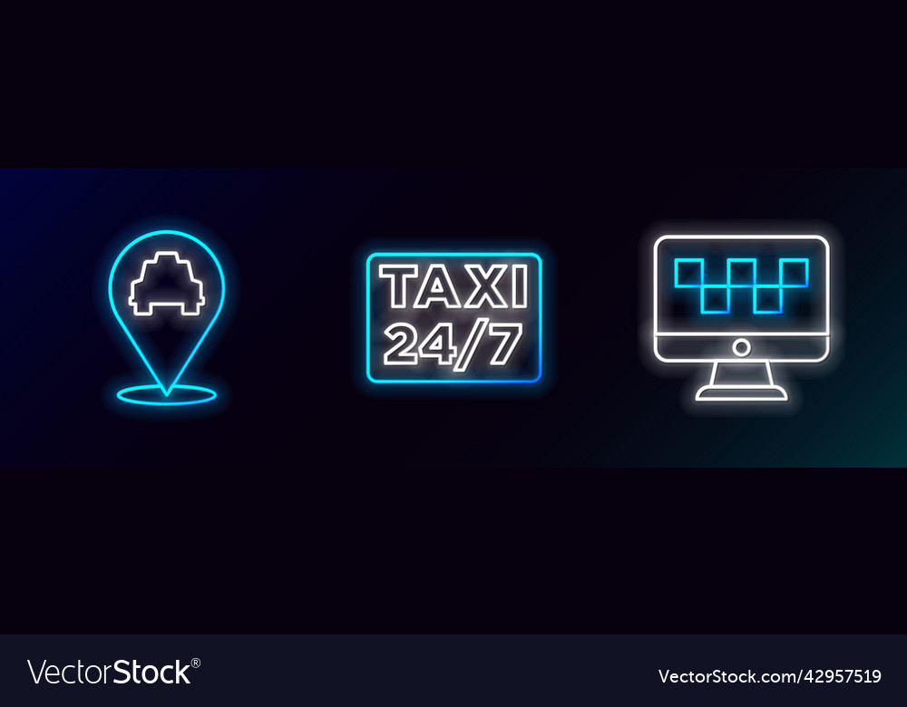 Set line computer call taxi service location vector image Set line computer call taxi service location