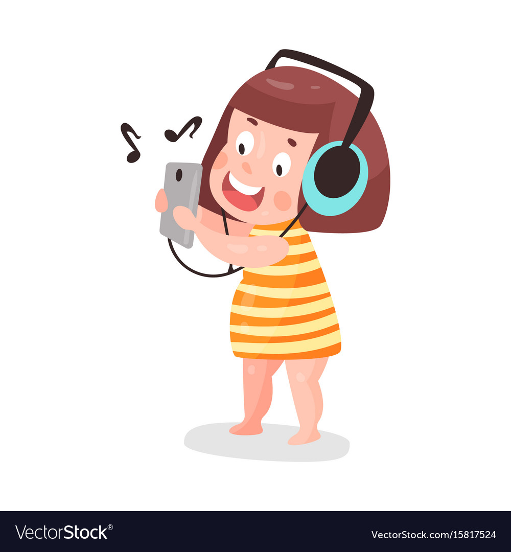 Cute cartoon little girl listening music